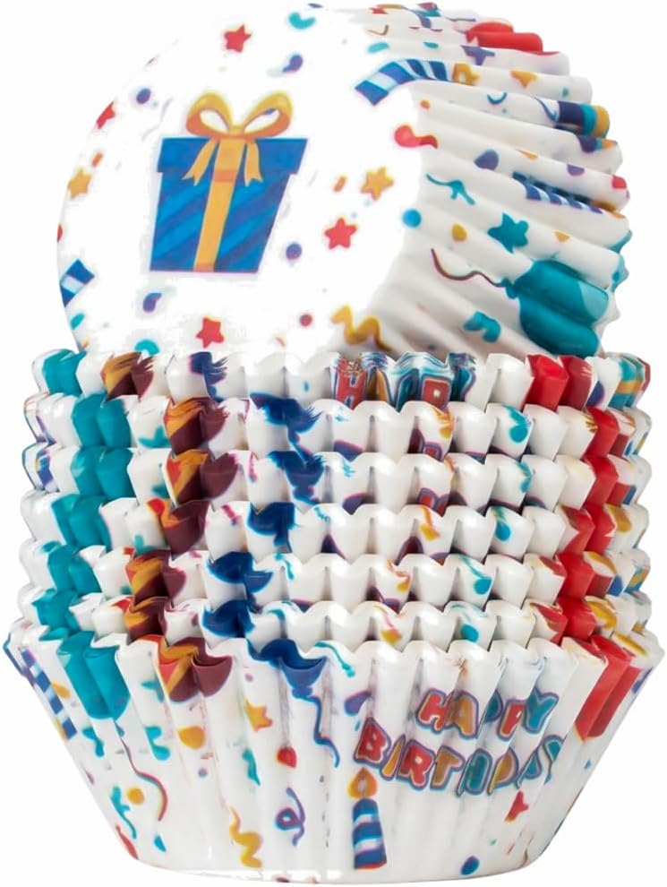 200 Paper Cupcake Liners, Muffin Liners or Baking Cups for Desserts, Muffins, Cupcakes and More Treats; Grease Proof, No Smell, Food Grade, Nut Serving Containers (Birthday)