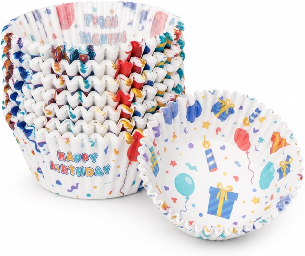 200 Paper Cupcake Liners, Muffin Liners or Baking Cups for Desserts, Muffins, Cupcakes and More Treats; Grease Proof, No Smell, Food Grade, Nut Serving Containers (Birthday)