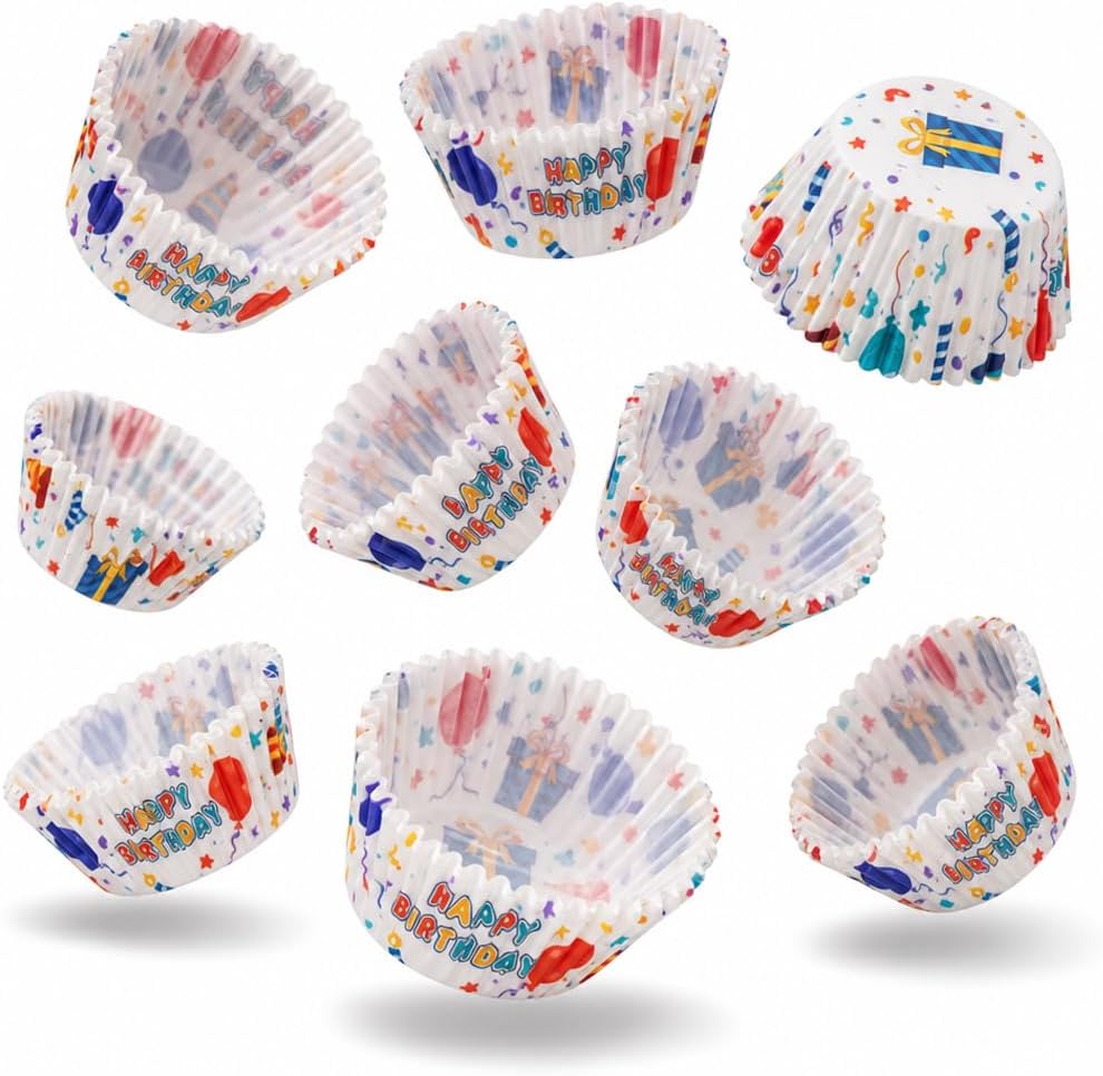 200 Paper Cupcake Liners, Muffin Liners or Baking Cups for Desserts, Muffins, Cupcakes and More Treats; Grease Proof, No Smell, Food Grade, Nut Serving Containers (Birthday)