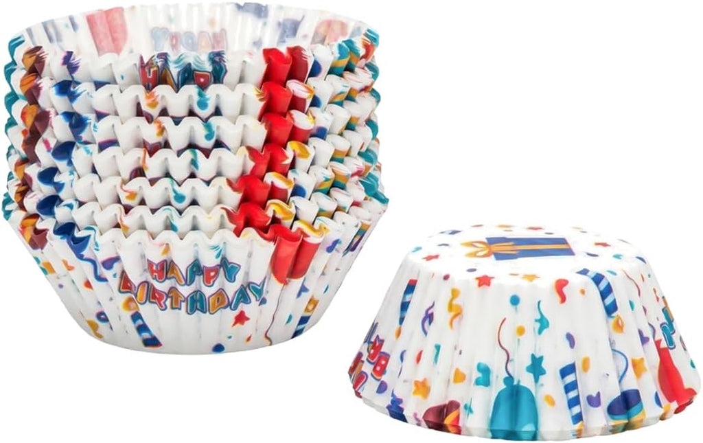 200 Paper Cupcake Liners, Muffin Liners or Baking Cups for Desserts, Muffins, Cupcakes and More Treats; Grease Proof, No Smell, Food Grade, Nut Serving Containers (Birthday)