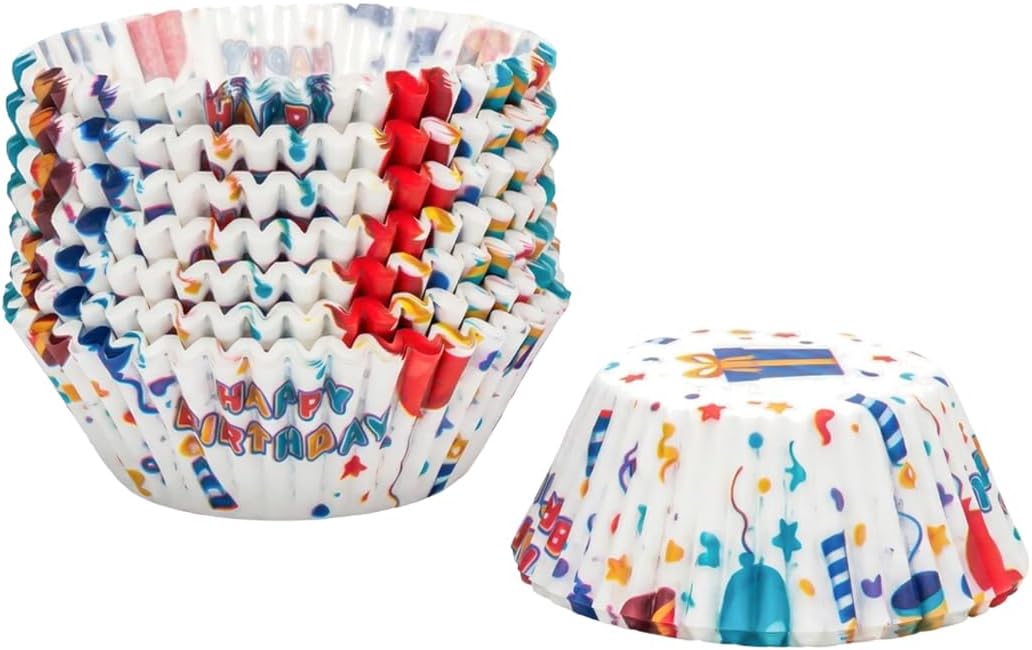 200 Paper Cupcake Liners, Muffin Liners or Baking Cups for Desserts, Muffins, Cupcakes and More Treats; Grease Proof, No Smell, Food Grade, Nut Serving Containers (Birthday)