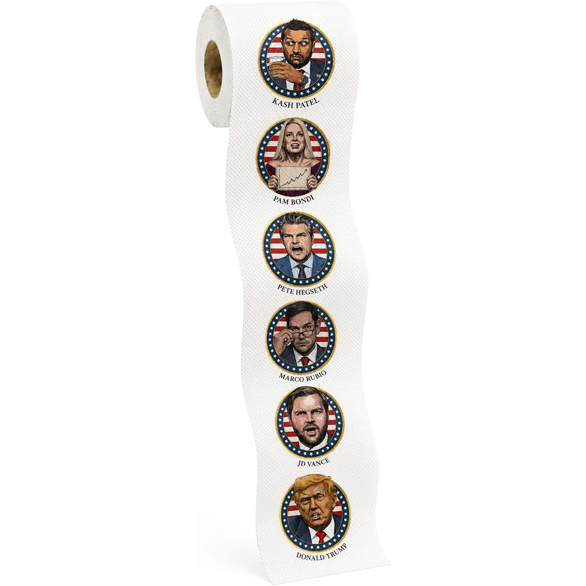 The MAGA 47 Cabinet Roll – Novelty Toilet Paper – Features President Donald J. Trump, JD Vance, Rubio, Bondi, Hegseth, Patel, Noem, RFK, Bessent & Blanche – Political Gag Gift, 3-Ply, 170 Sheets