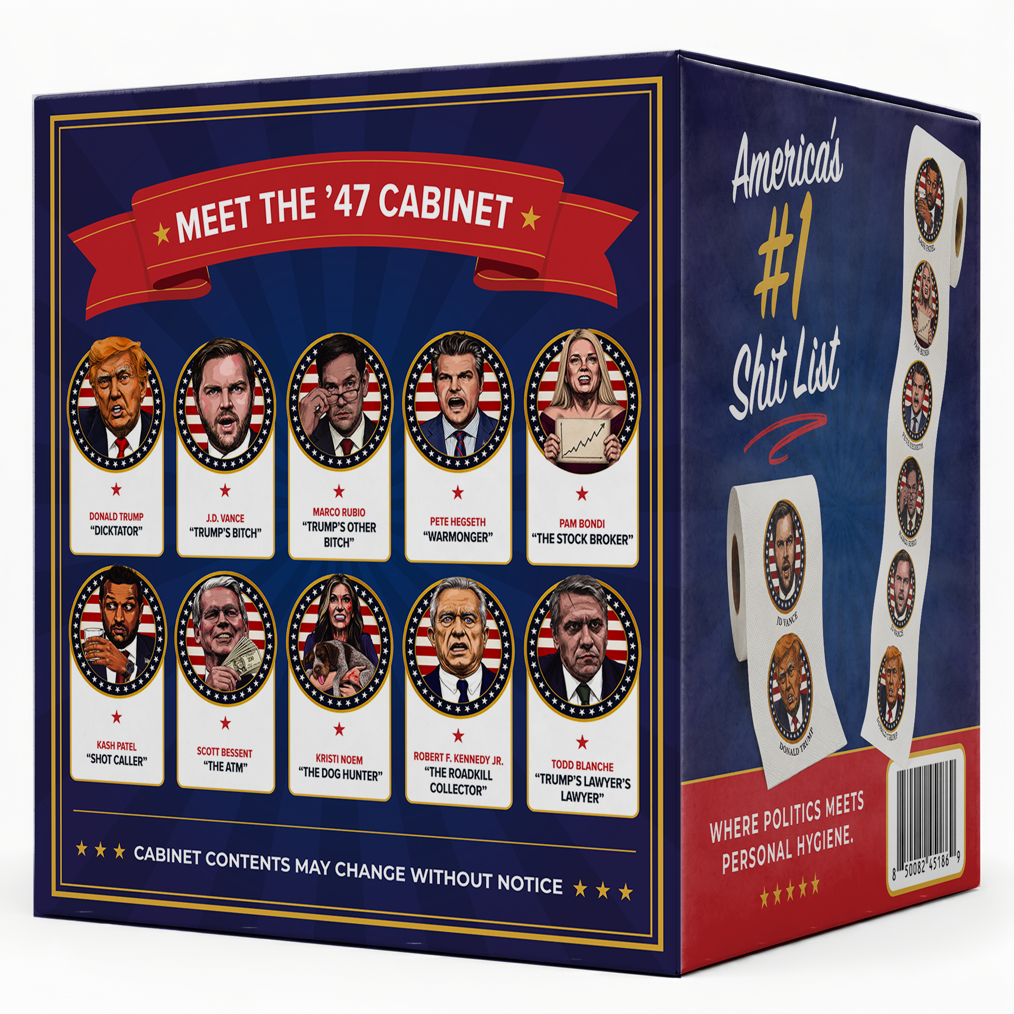The MAGA 47 Cabinet Roll – Novelty Toilet Paper – Features President Donald J. Trump, JD Vance, Rubio, Bondi, Hegseth, Patel, Noem, RFK, Bessent & Blanche – Political Gag Gift, 3-Ply, 170 Sheets