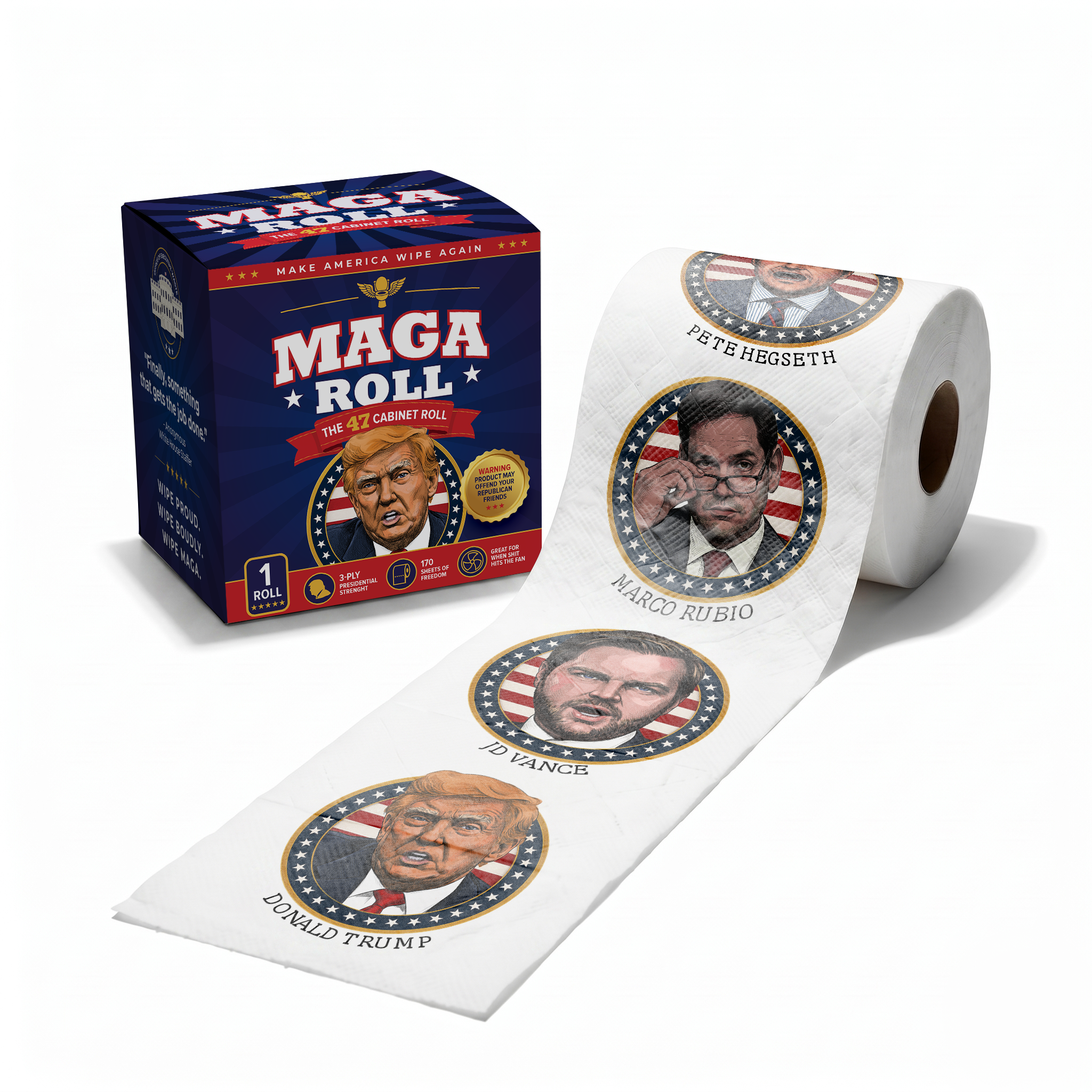 The MAGA 47 Cabinet Roll – Novelty Toilet Paper – Features President Donald J. Trump, JD Vance, Rubio, Bondi, Hegseth, Patel, Noem, RFK, Bessent & Blanche – Political Gag Gift, 3-Ply, 170 Sheets