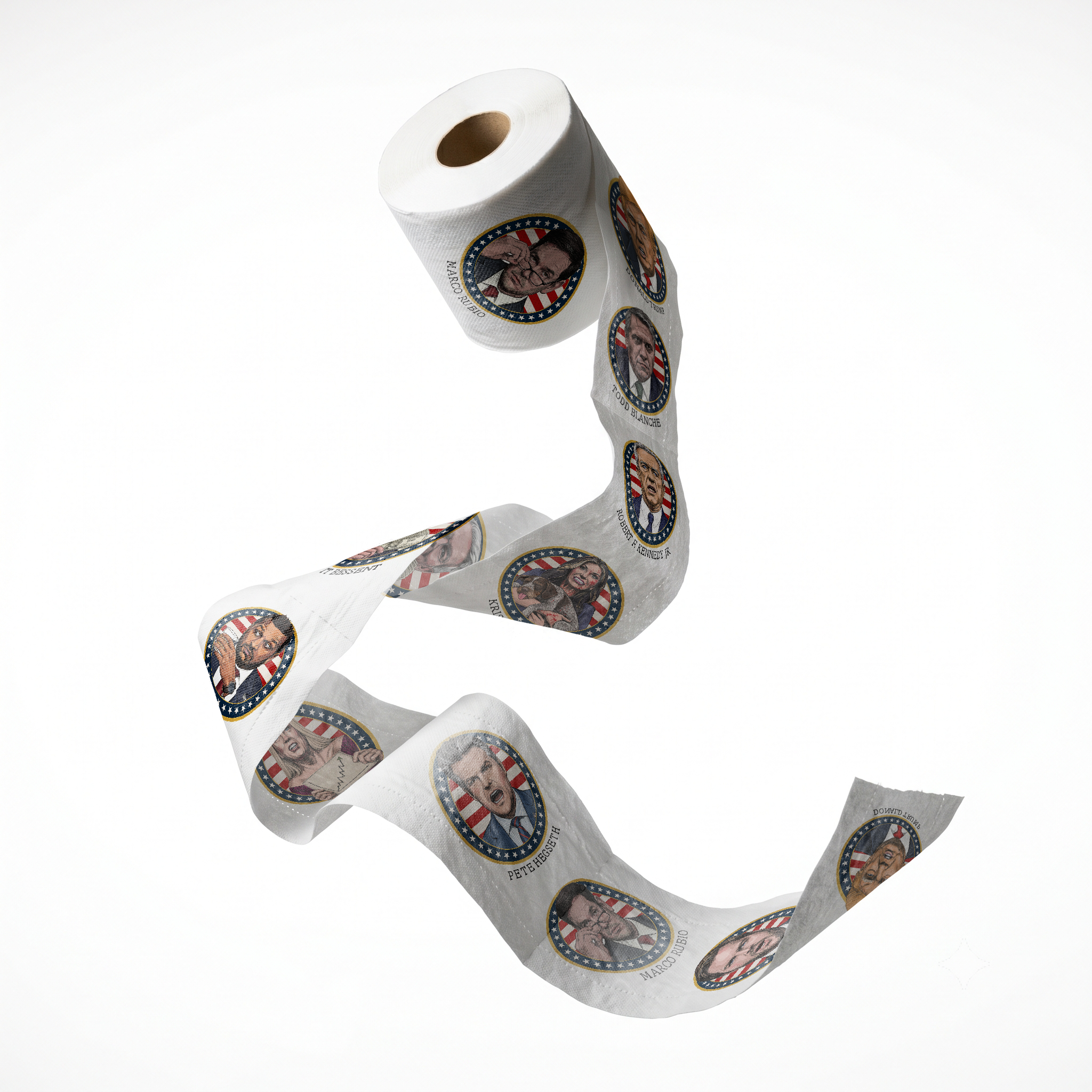 The MAGA 47 Cabinet Roll – Novelty Toilet Paper – Features President Donald J. Trump, JD Vance, Rubio, Bondi, Hegseth, Patel, Noem, RFK, Bessent & Blanche – Political Gag Gift, 3-Ply, 170 Sheets