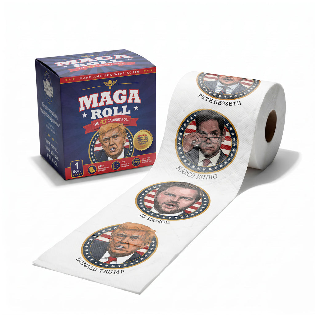 The MAGA 47 Cabinet Roll – Novelty Toilet Paper – Features President Donald J. Trump, JD Vance, Rubio, Bondi, Hegseth, Patel, Noem, RFK, Bessent & Blanche – Political Gag Gift, 3-Ply, 170 Sheets