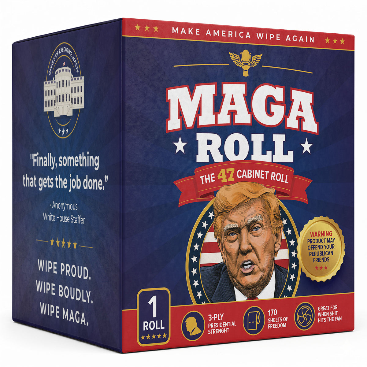 The MAGA 47 Cabinet Roll – Novelty Toilet Paper – Features President Donald J. Trump, JD Vance, Rubio, Bondi, Hegseth, Patel, Noem, RFK, Bessent & Blanche – Political Gag Gift, 3-Ply, 170 Sheets