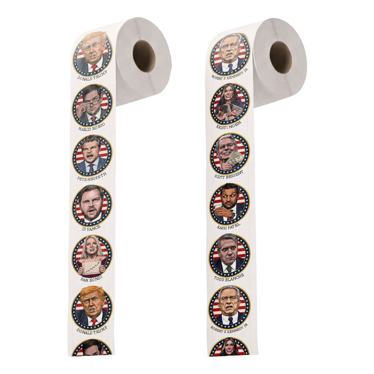 The MAGA 47 Cabinet Roll – Novelty Toilet Paper – Features President Donald J. Trump, JD Vance, Rubio, Bondi, Hegseth, Patel, Noem, RFK, Bessent & Blanche – Political Gag Gift, 3-Ply, 170 Sheets