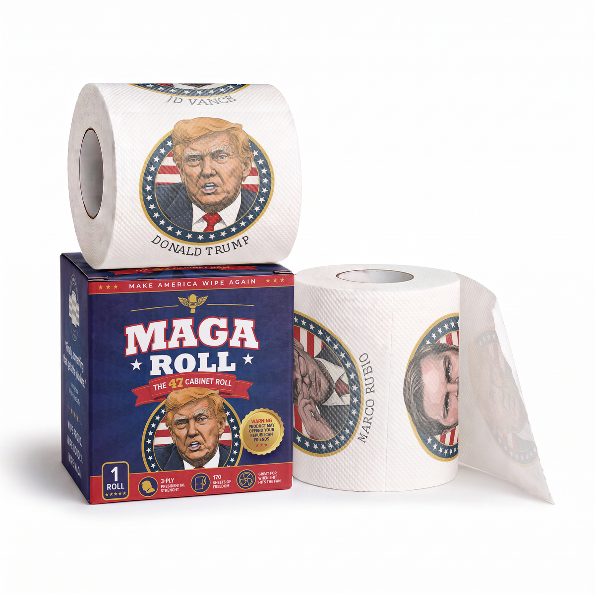 The MAGA 47 Cabinet Roll – Novelty Toilet Paper – Features President Donald J. Trump, JD Vance, Rubio, Bondi, Hegseth, Patel, Noem, RFK, Bessent & Blanche – Political Gag Gift, 3-Ply, 170 Sheets