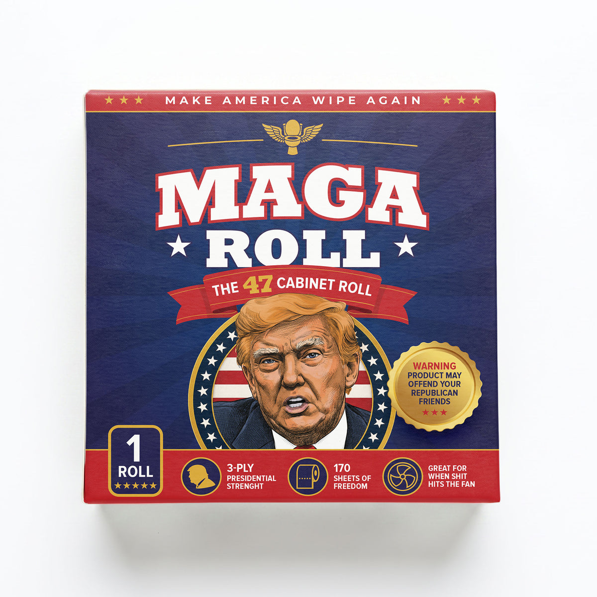 The MAGA 47 Cabinet Roll – Novelty Toilet Paper – Features President Donald J. Trump, JD Vance, Rubio, Bondi, Hegseth, Patel, Noem, RFK, Bessent & Blanche – Political Gag Gift, 3-Ply, 170 Sheets