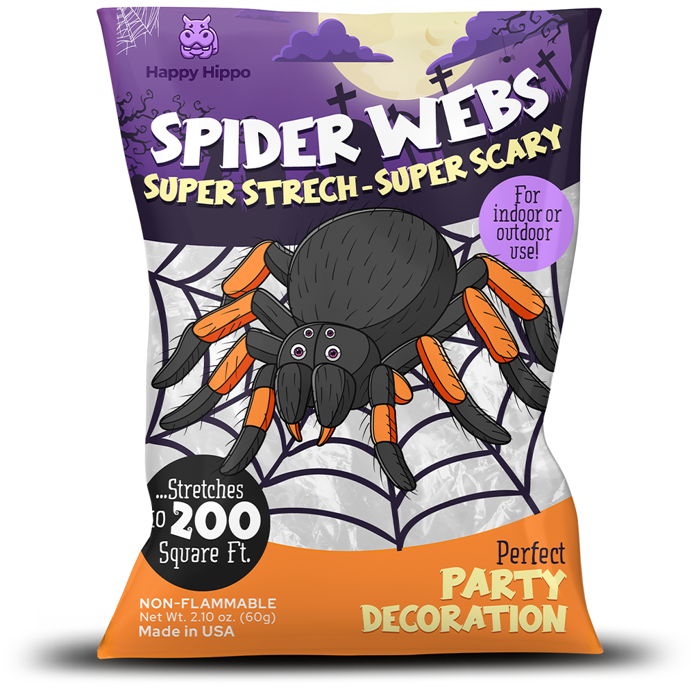 Happy Hippo Halloween Spider Web Decoration, 200 Square Feet & Plastic Spiders, Halloween Party Supplies, Spider Webs (Small, 200 Sq Feet) (8 Fake Spiders Included)